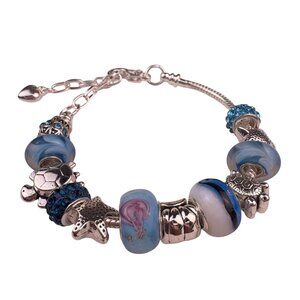 Silver-Tone Womens Blue Glass Bead Charm Bracelet Adjustable Turtle Starfish